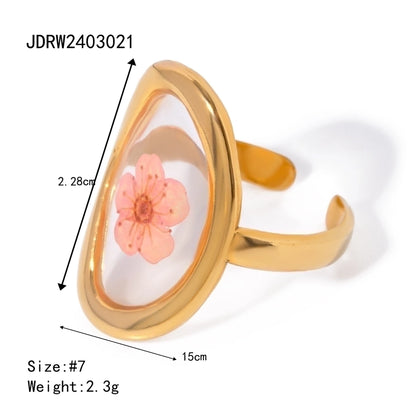 Jewelry Sweet Artistic Four Leaf Clover Oval Flower 304 Stainless Steel 18K Gold Plated Rings