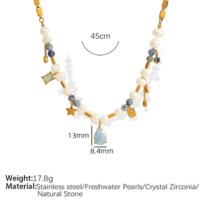 Retro Shiny Water Droplets 304 Stainless Steel natural stone Freshwater Pearl 18K Gold Plated Artificial Crystal Pendant Necklace In Bulk