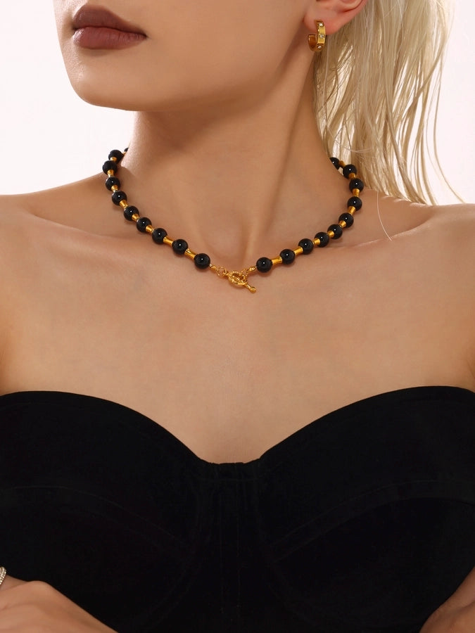 Baroque Style Shiny Geometric 304 Stainless Steel Imitation Pearl Tiger Eye Beaded Chain Necklace In Bulk