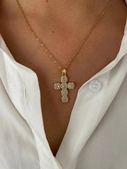 316L Stainless Steel  14K Gold Plated 18K Gold Plated Inlay Cross Rhinestones Zircon Pendant Necklace