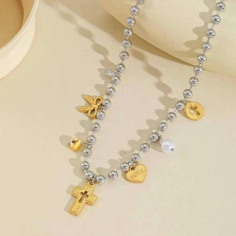 Jewelry Elegant Cute Artistic Cross Heart Shape Eye 304 Stainless Steel Acrylic Imitation Pearl Zircon 18K Gold Plated Plating Inlay Multi Charms Necklace Beaded Chain