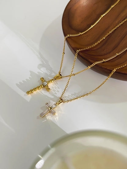 316L Stainless Steel  14K Gold Plated 18K Gold Plated Inlay Cross Rhinestones Zircon Pendant Necklace