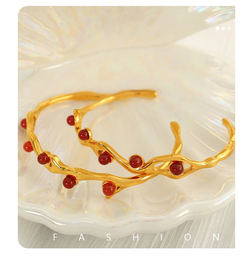 Simple Style Branches 304 Stainless Steel Tiger Eye 18K Gold Plated Artificial Pearls Turquoise Agate Bangle In Bulk