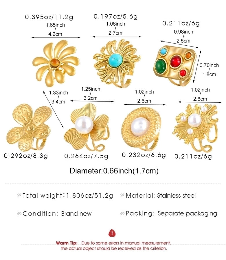 Jewelry IG Style Exaggerated Geometric Flower 304 Stainless Steel Gem Turquoise Pearl 18K Gold Plated Inlay Open Rings