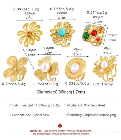 Jewelry IG Style Exaggerated Geometric Flower 304 Stainless Steel Gem Turquoise Pearl 18K Gold Plated Inlay Open Rings