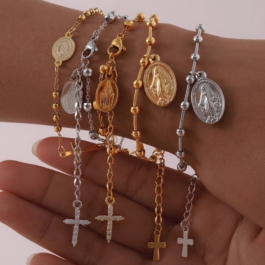 Vintage Style Classic Style Cross Virgin Mary 304 Stainless Steel 18K Gold Plated cable chain Bracelets In Bulk Stainless Steel Bracelets